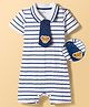 Mark & Mia Cotton Knit Half Sleeves Striped Romper with Tie Applique - White