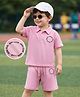 Mark & Mia Cotton Knit Half Sleeves Oversized Polo T-Shirt & Shorts Co-ord Set with Text Print - Pink