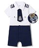 Mark & Mia Cotton Knit Half Sleeves Romper With Tie & Pocket Detailing With Bear Patch - Navy Blue & White