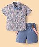 ToffyHouse Cotton Knit Half Sleeves Floral Printed Party Shirt & Shorts Set with Bow & Suspender- Blue