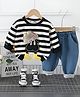 Googo Gaaga Cotton Loop Knit Full Sleeves Striped Cartoon Patch Detailed Winter Sweatshirt & Jeans Set - White & Black
