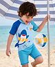 ROVARS Half Raglan Sleeves Legged Swimsuit With Shark Print - Blue