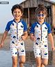 ROVARS Half Raglan Sleeves Legged Swimsuit with Nautical Theme Print - White