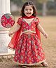 EARTHY TOUCH Cotton Knit Half Sleeves Foil Floral Printed Choli Lehenga & Dupatta Set with Lace Detailing - Red