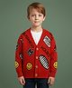 Little Surprise Box Knitted Knit Full Sleeves Smiley & Typography Designed Cardigan - Red