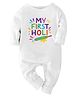 Zeezeezoo 100% Cotton Knit Holi Theme Full Sleeves My First Holi Text Printed Romper - White