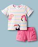 ToffyHouse Cotton Woven Half Frill Sleeves Striped T-Shirt & Shorts Set with Bird Print & Bow Applique - Pink & White