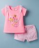 ToffyHouse Cotton Knit Half Sleeves Ice Cream Printed Top with Frill Detailing & Shorts Set - Pink
