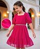 Hola Bonita Woven Half Puffed Sleeves Texture Solid Coloured Tiered Dress with Belt - Pink