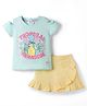 ToffyHouse Interlock Knit Half Sleeves Floral & Tropical Theme Printed Top & Skirts Set With Checks Print - Light Yellow & Light Blue