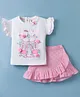 ToffyHouse Interlock Knit Half Frill Sleeves Shoe & Floral Printed  Top with Applique & Ruffled Skirt - White & Pink