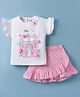 ToffyHouse Interlock Knit Half Frill Sleeves Shoe & Floral Printed  Top with Applique & Ruffled Skirt - White & Pink