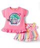 ToffyHouse Interlock Knit Half Sleeves Top & Skirt Set with Beach Theme Print & Stripes - Pink