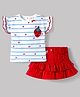 ToffyHouse Interlock Knit Half Frill Sleeves Striped Top & Skirt Set with Fruit Print & Patch - Red