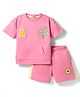 ToffyHouse Interlock Knit Half Sleeves Top & Shorts Set With Text Print & Patch - Pink