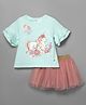 ToffyHouse Interlock Knit Half Sleeves Top & Skirt Set with Unicorn Print & Sequin Detailing - Aqua Blue