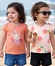 Babyoye Cotton Knit Half Sleeves T-Shirt With Floral & Bunny Print Pack of 2 - Orange & Pink