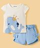 Babyoye Single Jersey Knit Half Sleeves T-Shirt & Shorts Set With Whale Print & Applique - White & Light Blue