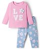 Babyoye Single Jersey Knit Full Sleeves T-Shirt & Pyjama Night Suit With Floral Print & Applique - Pink & Light Blue