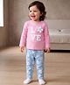 Babyoye Single Jersey Knit Full Sleeves T-Shirt & Pyjama Night Suit With Floral Print & Applique - Pink & Light Blue