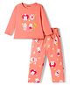 Babyoye Single Jersey Knit Full Sleeves T-Shirt & Pyjama Night Suit With Cat Print - Coral