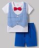 Babyhug Single Jersey Knit Half Sleeves Striped T-Shirt & Shorts Set with Bow Applique - Blue