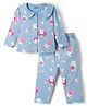 Babyoye Single Jersey Knit Full Sleeves Peter Pan Collared Shirt & Pyjama Co-Ord Night Suit With Kitten & Floral Print - Light Blue