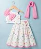 EARTHY TOUCH Cotton Flax Woven Sleeveless Floral Printed Choli Lehenga Set with Dupatta & Bow Applique- Off White