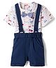 Babyhug 100% Cotton Knit Half Sleeves Vehicles Printed T-Shirt & Shorts Set With Suspender & Bow Applique - White & Navy Blue