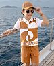 OLLINGTON ST. Cotton Knit Half Sleeves Polo T-Shirt With Print & Shorts Set - White & Rust Orange