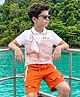 OLLINGTON ST. Cotton Knit Half Sleeves Polo T-Shirt With Print & Shorts Set - White & Rust Orange