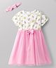 Babyhug Select Cotton Knit Half Sleeves Floral Printed Frock With Bow Applique & Headband - White