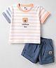 ToffyHouse Interlock Knit Half Sleeves Striped T-Shirt & Shorts Set With Bear Detailing - Multicolor