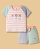 ToffyHouse Interlock Knit Half Raglan Sleeves T-Shirt & Shorts Set with Stripes & Animal Patch - Multicolor