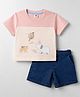 ToffyHouse Interlock Knit Half Sleeves T-Shirt & Shorts Set With Animal Print - Multicolor