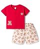 ToffyHouse Interlock Woven Half Sleeves T-Shirt & Shorts Night Suit With Teddy Bear Patch & Print - Red