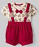 ToffyHouse Interlock Knit Half Sleeves T-Shirt & Shorts With Bear Print & Bow Applique - Red & Offwhite