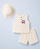 ToffyHouse Cotton Knit Woven Sleeveless T-Shirt & Shorts Set With Cap & Car Print - Offwhite