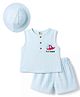 ToffyHouse Cotton Knit Woven Sleeveless T-Shirt & Shorts Set With Cap & Aeroplane Print - Light Blue