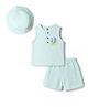 ToffyHouse Cotton Knit Sleeveless  T-Shirt & Shorts Set with Cap & Penguin Print - Sea Green