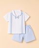 ToffyHouse Cotton Woven Half Sleeves Shirt & Shorts Set With Stripes & Attached Bow - White & Light Blue