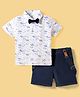 ToffyHouse Interlock Knit Half Sleeves Printed Party Shirt & Shorts Set with Bow & Suspender - Navy Blue