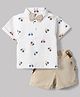 ToffyHouse Interlock Knit Half Sleeves Striped & Car Printed T-Shirt & Shorts Set with Bow & Suspender- Off white