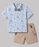ToffyHouse Interlock Knit Half Sleeves Circus Theme Printed Shirt & Shorts Set With Suspender & Bow - Khaki
