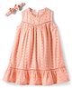 Babyhug Cotton Woven Sleeveless Floral Embroidered Schiffli A Line Frock with Headband - Peach