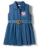 Babyhug Woven Sleeveless Denim Frock With Heart Embroidery & Belt - Blue