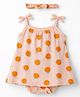 Babyhug 100% Cotton Knit Sleeveless Frock Style Onesie With Orange Print & Headband - Multicolor