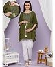 Dummy Shape Cotton Rayon Woven Half Cape Sleeves Thread Work Embroidered Maternity Kaftan Kurta With Side Zipper Nursing Zipper Access - Olive