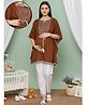 Dummy Shape Cotton Rayon Woven Half Cape Sleeves Thread Work Embroidered Maternity Kaftan Kurta With Side Zipper Nursing Zipper Access - Brown