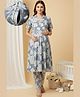 Dummy Shape Cotton Blend Woven Half Sleeves Floral Printed Maternity Kurti With Side Zipper Nursing Access With Pant Set - Blue